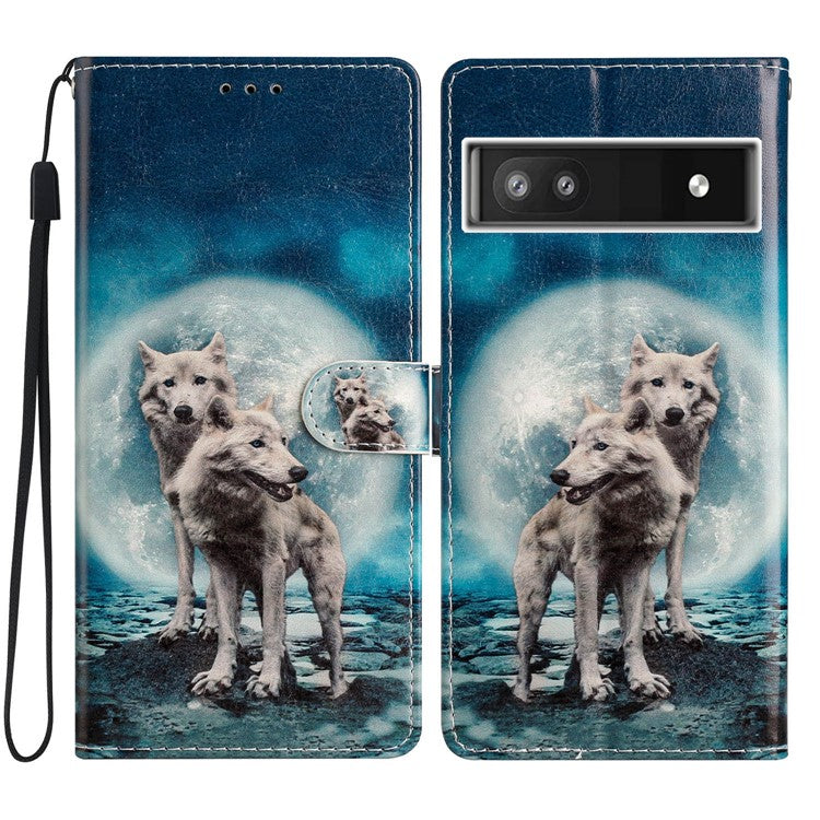 For Google Pixel 6a Stand Wallet Phone Case Pattern Printing PU Leather Cover with Strap - Two Wolves