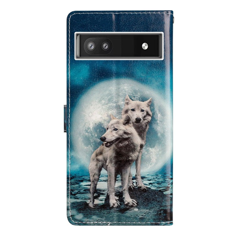 For Google Pixel 6a Stand Wallet Phone Case Pattern Printing PU Leather Cover with Strap - Two Wolves