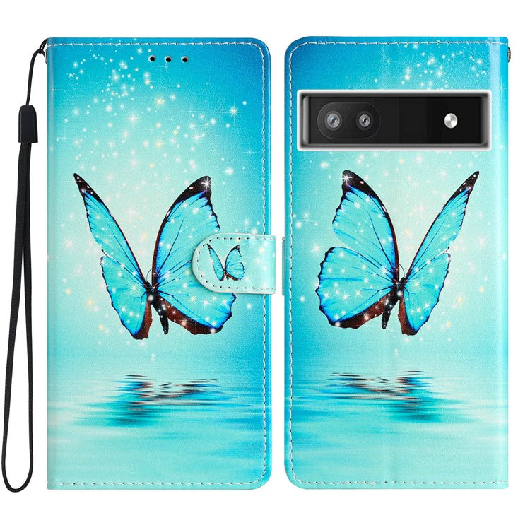 For Google Pixel 6a Stand Wallet Phone Case Pattern Printing PU Leather Cover with Strap - Blue Butterfly