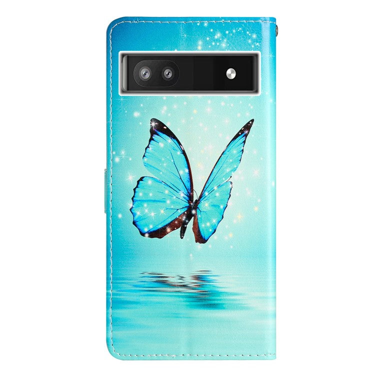 For Google Pixel 6a Stand Wallet Phone Case Pattern Printing PU Leather Cover with Strap - Blue Butterfly