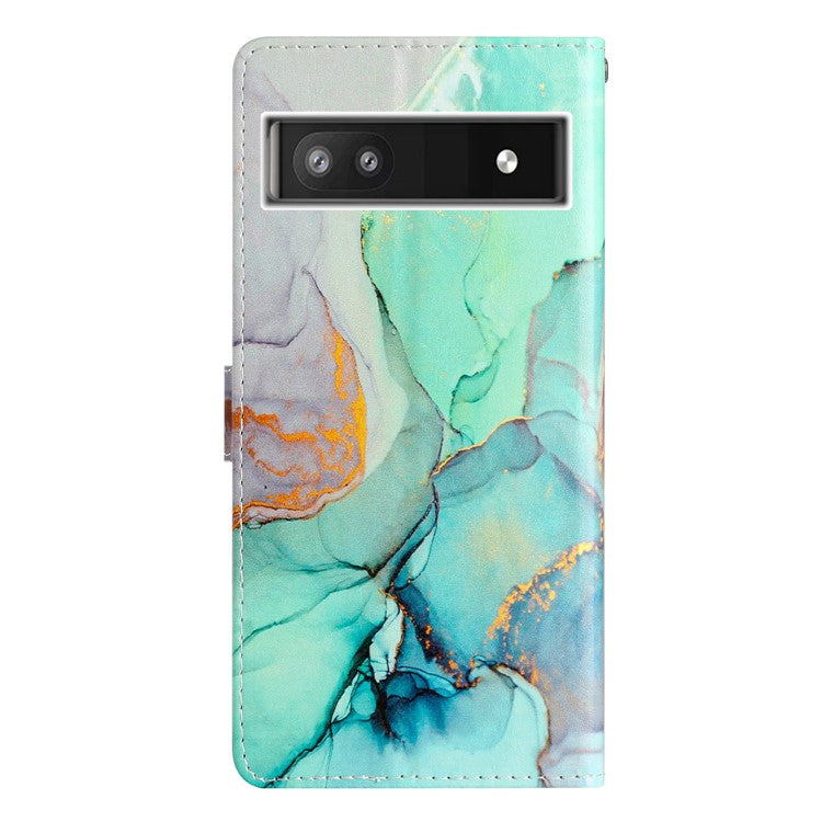 For Google Pixel 6a Stand Wallet Phone Case Pattern Printing PU Leather Cover with Strap - Green Marble