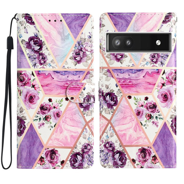 For Google Pixel 6a Stand Wallet Phone Case Pattern Printing PU Leather Cover with Strap - Purple Flowers