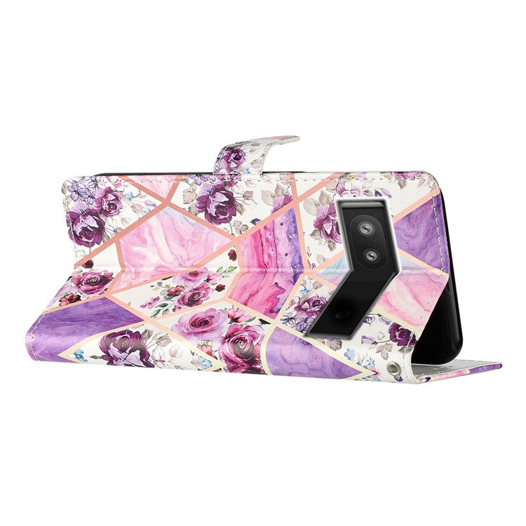 For Google Pixel 6a Stand Wallet Phone Case Pattern Printing PU Leather Cover with Strap - Purple Flowers