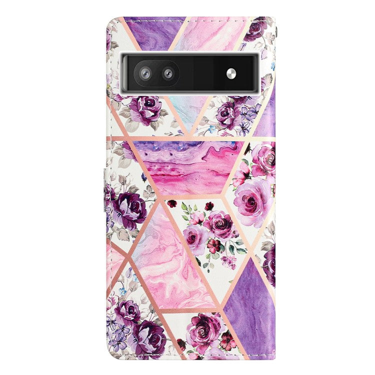 For Google Pixel 6a Stand Wallet Phone Case Pattern Printing PU Leather Cover with Strap - Purple Flowers