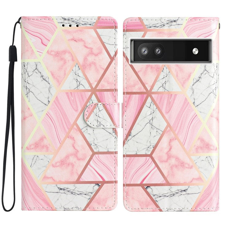 For Google Pixel 6a Stand Wallet Phone Case Pattern Printing PU Leather Cover with Strap - Pink Marble