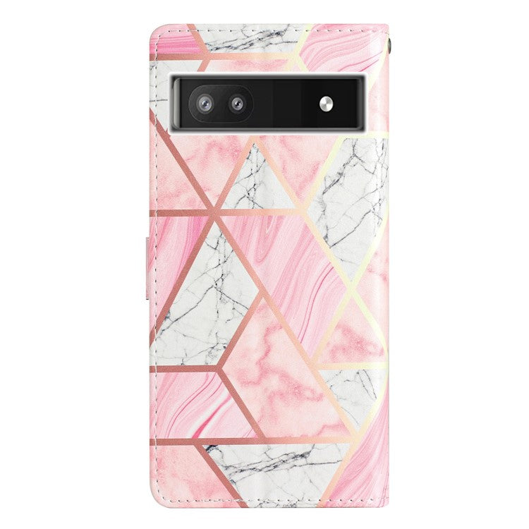 For Google Pixel 6a Stand Wallet Phone Case Pattern Printing PU Leather Cover with Strap - Pink Marble