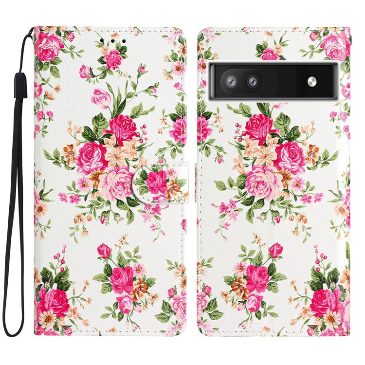 For Google Pixel 6a Stand Wallet Phone Case Pattern Printing PU Leather Cover with Strap - Red Flowers