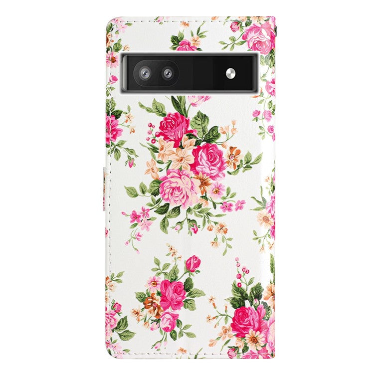 For Google Pixel 6a Stand Wallet Phone Case Pattern Printing PU Leather Cover with Strap - Red Flowers