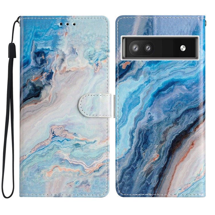 For Google Pixel 6a Stand Wallet Phone Case Pattern Printing PU Leather Cover with Strap - Blue Marble