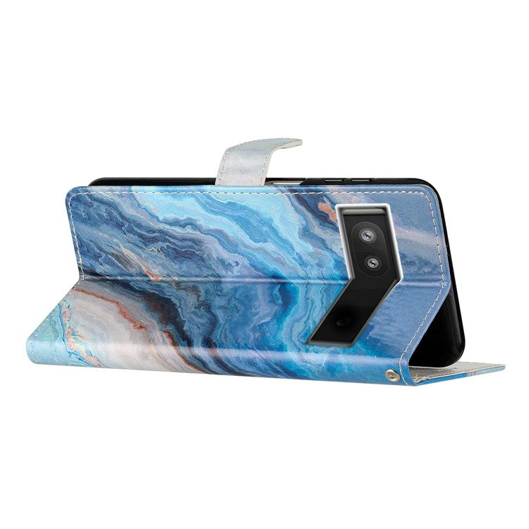 For Google Pixel 6a Stand Wallet Phone Case Pattern Printing PU Leather Cover with Strap - Blue Marble