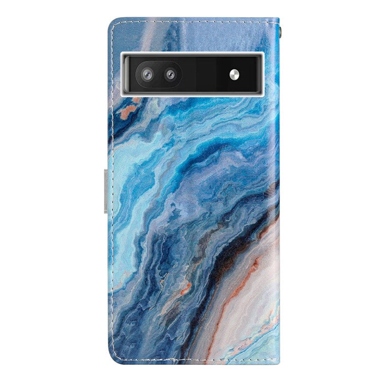 For Google Pixel 6a Stand Wallet Phone Case Pattern Printing PU Leather Cover with Strap - Blue Marble