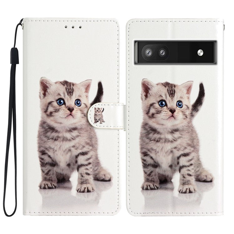 For Google Pixel 6a Stand Wallet Phone Case Pattern Printing PU Leather Cover with Strap - Cute Cat