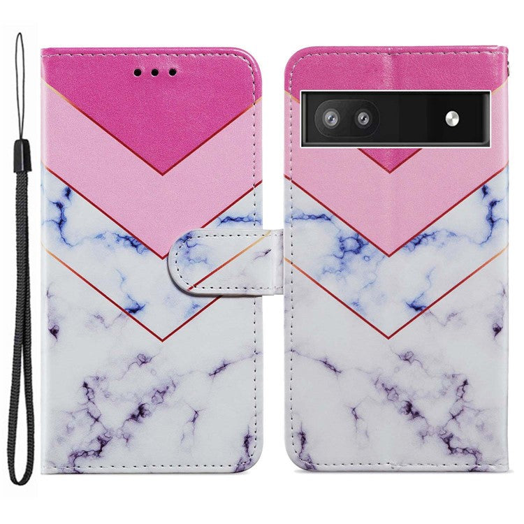 For Google Pixel 6a Stand Wallet Phone Case Pattern Printing PU Leather Cover with Strap - Smoke Marble