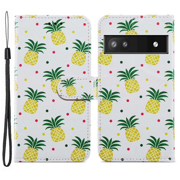 For Google Pixel 6a Stand Wallet Phone Case Pattern Printing PU Leather Cover with Strap - Pineapple