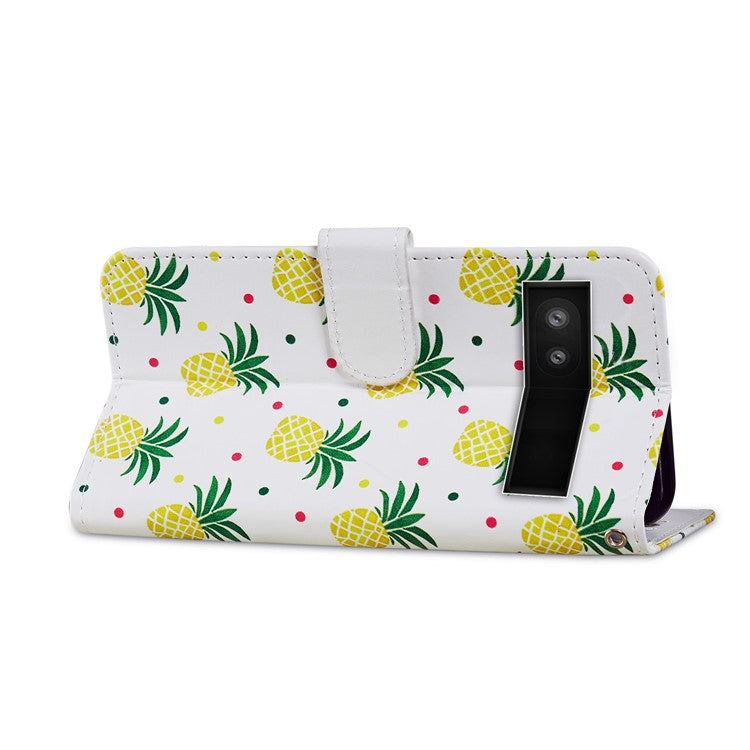 For Google Pixel 6a Stand Wallet Phone Case Pattern Printing PU Leather Cover with Strap - Pineapple