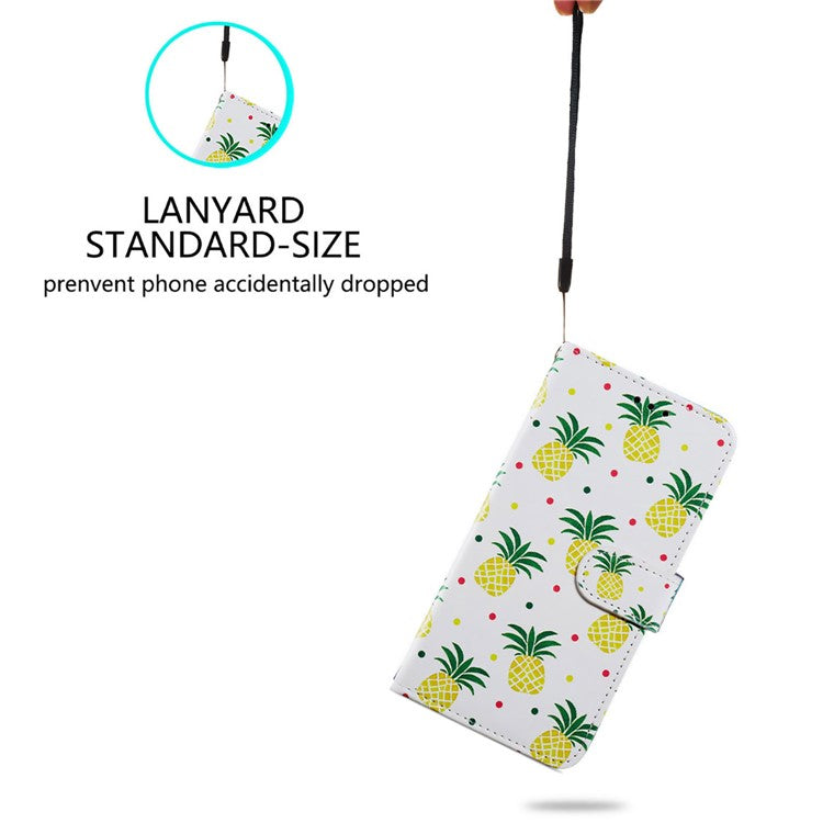 For Google Pixel 6a Stand Wallet Phone Case Pattern Printing PU Leather Cover with Strap - Pineapple