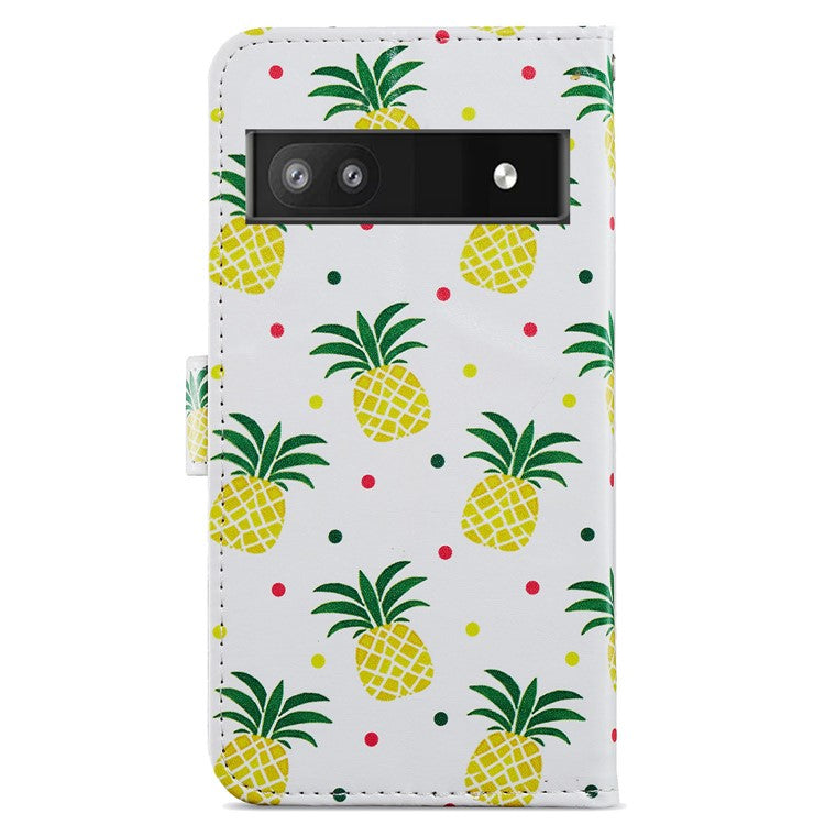 For Google Pixel 6a Stand Wallet Phone Case Pattern Printing PU Leather Cover with Strap - Pineapple