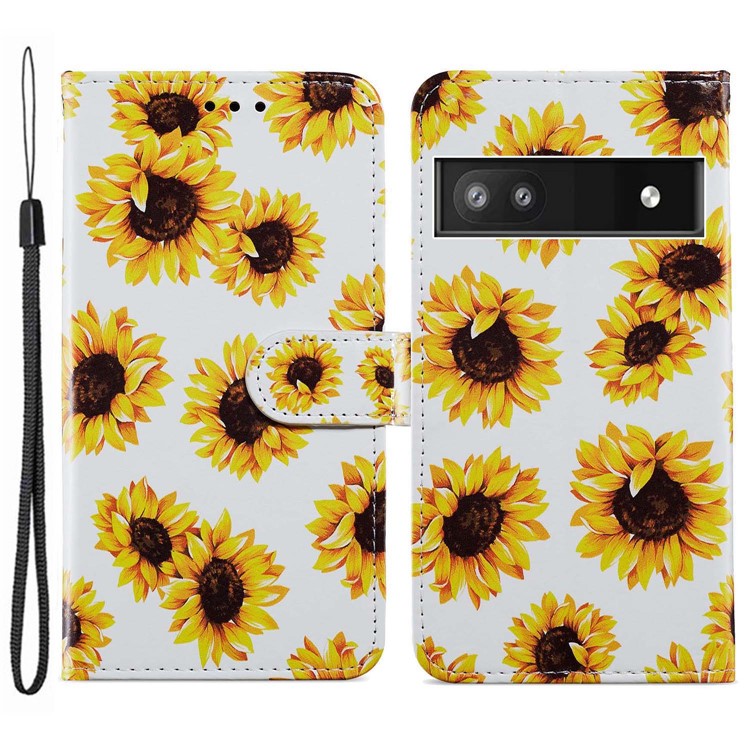 For Google Pixel 6a Stand Wallet Phone Case Pattern Printing PU Leather Cover with Strap - Sunflower