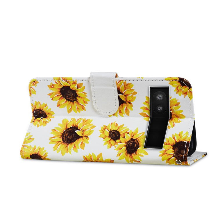 For Google Pixel 6a Stand Wallet Phone Case Pattern Printing PU Leather Cover with Strap - Sunflower