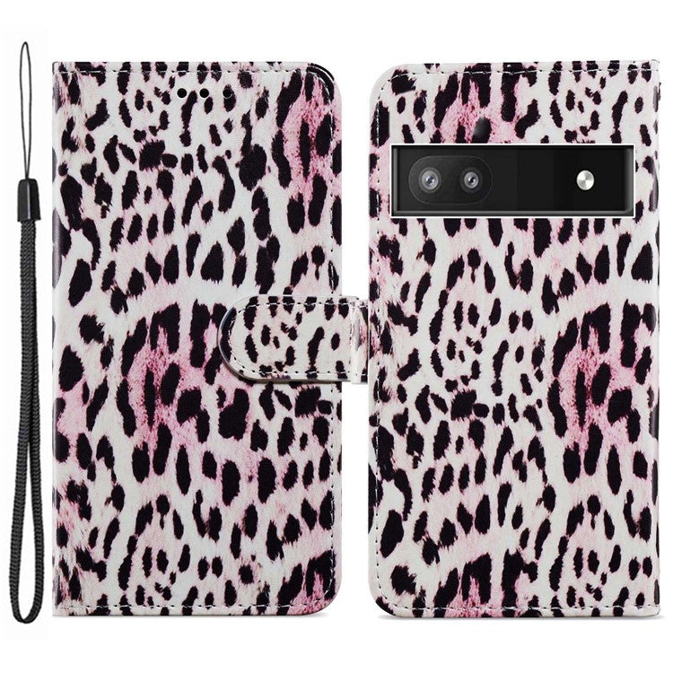 For Google Pixel 6a Stand Wallet Phone Case Pattern Printing PU Leather Cover with Strap - Leopard