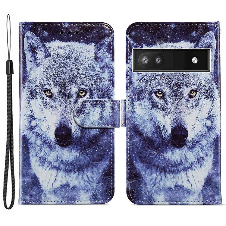 For Google Pixel 6a Stand Wallet Phone Case Pattern Printing PU Leather Cover with Strap - Wolf