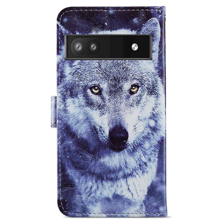 For Google Pixel 6a Stand Wallet Phone Case Pattern Printing PU Leather Cover with Strap - Wolf