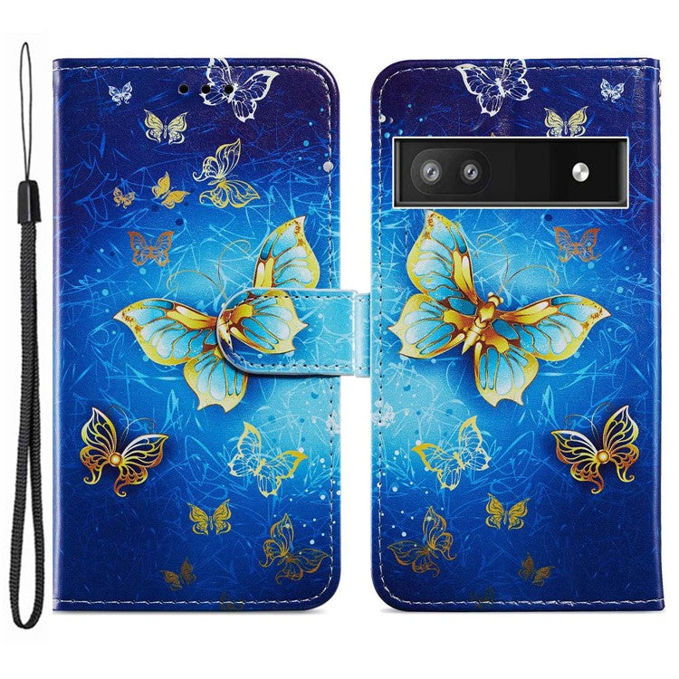 For Google Pixel 6a Stand Wallet Phone Case Pattern Printing PU Leather Cover with Strap - Golden Butterfly