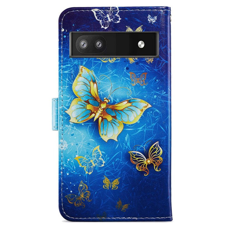 For Google Pixel 6a Stand Wallet Phone Case Pattern Printing PU Leather Cover with Strap - Golden Butterfly