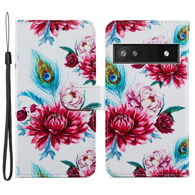 For Google Pixel 6a Stand Wallet Phone Case Pattern Printing PU Leather Cover with Strap - Peacock Flower