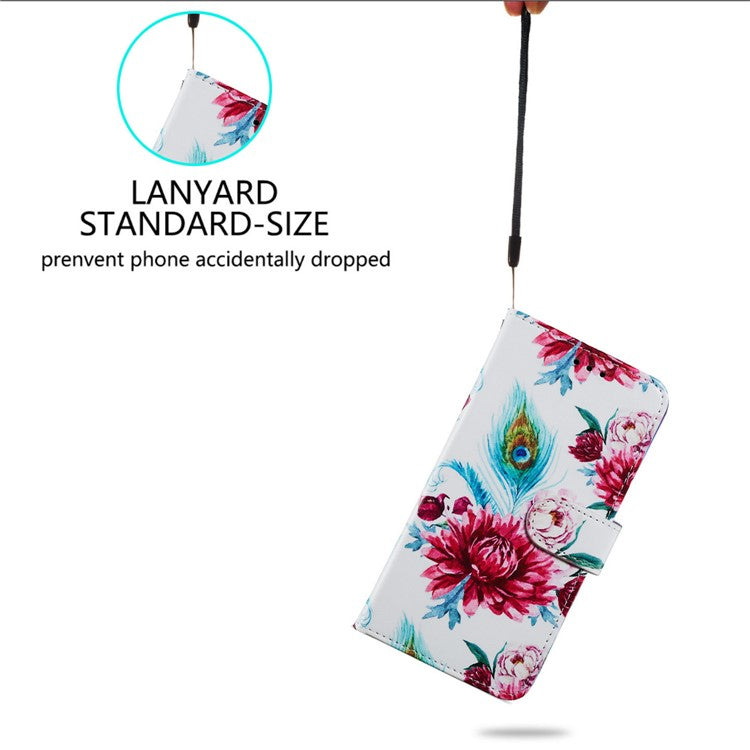 For Google Pixel 6a Stand Wallet Phone Case Pattern Printing PU Leather Cover with Strap - Peacock Flower