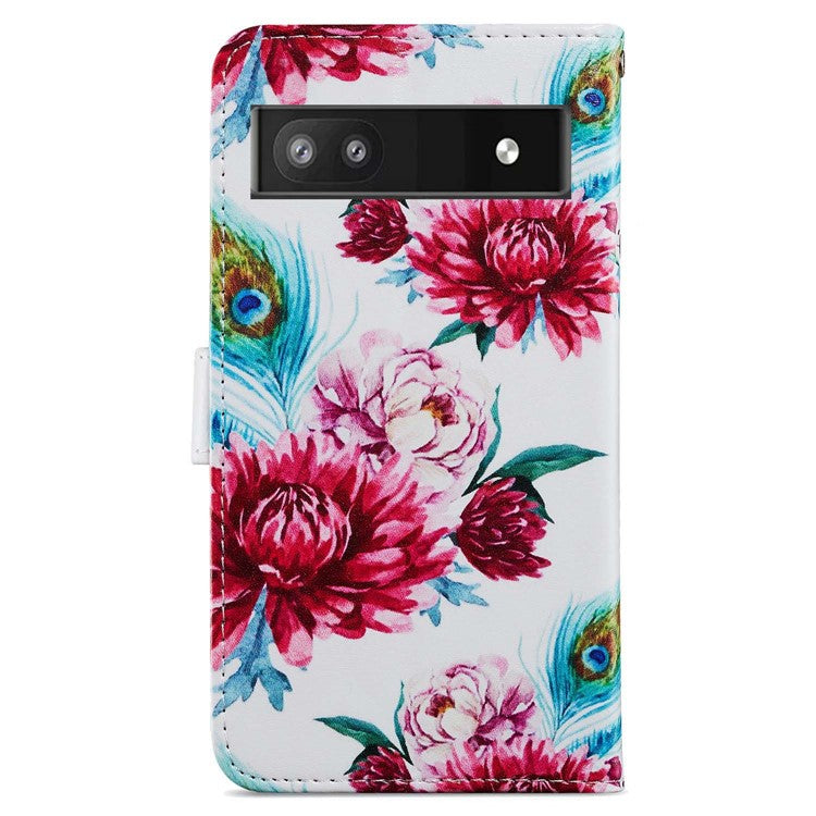 For Google Pixel 6a Stand Wallet Phone Case Pattern Printing PU Leather Cover with Strap - Peacock Flower