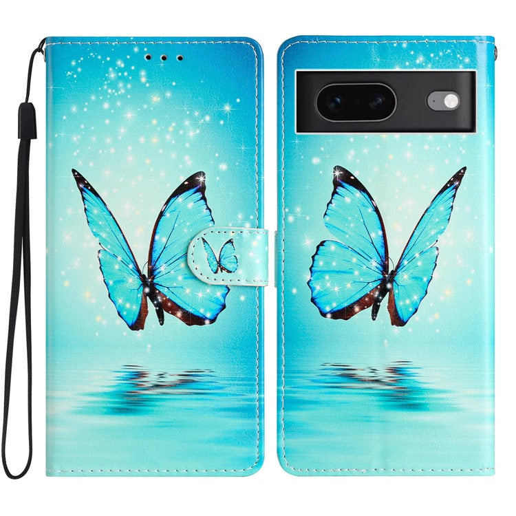 For Google Pixel 7 5G PU Leather Pattern Printing Phone Case Wallet Stand Flip Folio Cover - Blue Butterfly