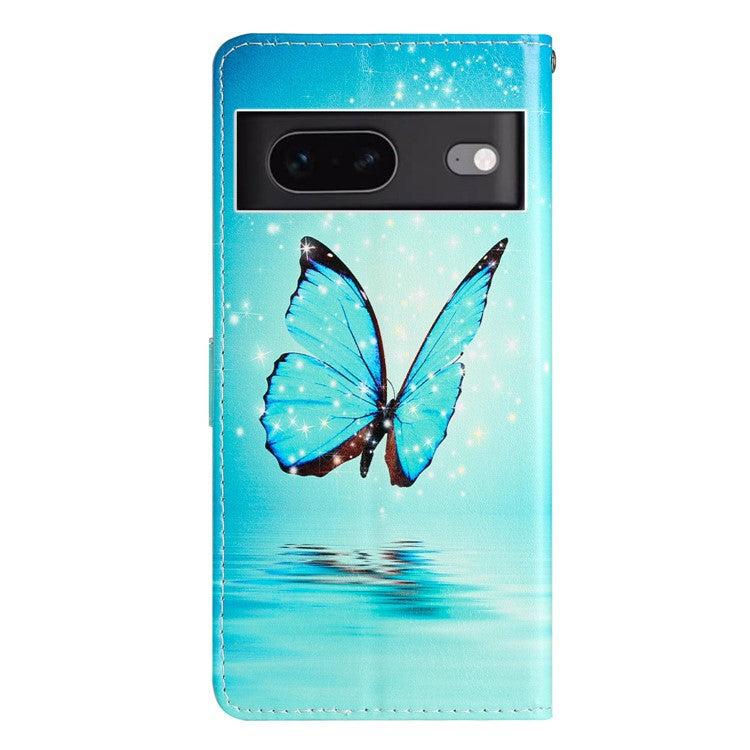 For Google Pixel 7 5G PU Leather Pattern Printing Phone Case Wallet Stand Flip Folio Cover - Blue Butterfly