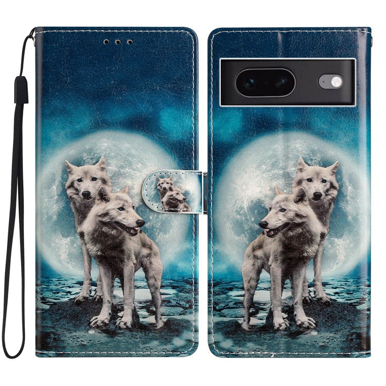 For Google Pixel 7 5G PU Leather Pattern Printing Phone Case Wallet Stand Flip Folio Cover - Two Wolves