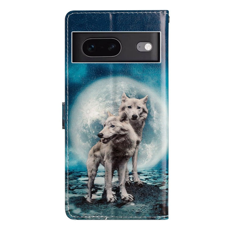 For Google Pixel 7 5G PU Leather Pattern Printing Phone Case Wallet Stand Flip Folio Cover - Two Wolves