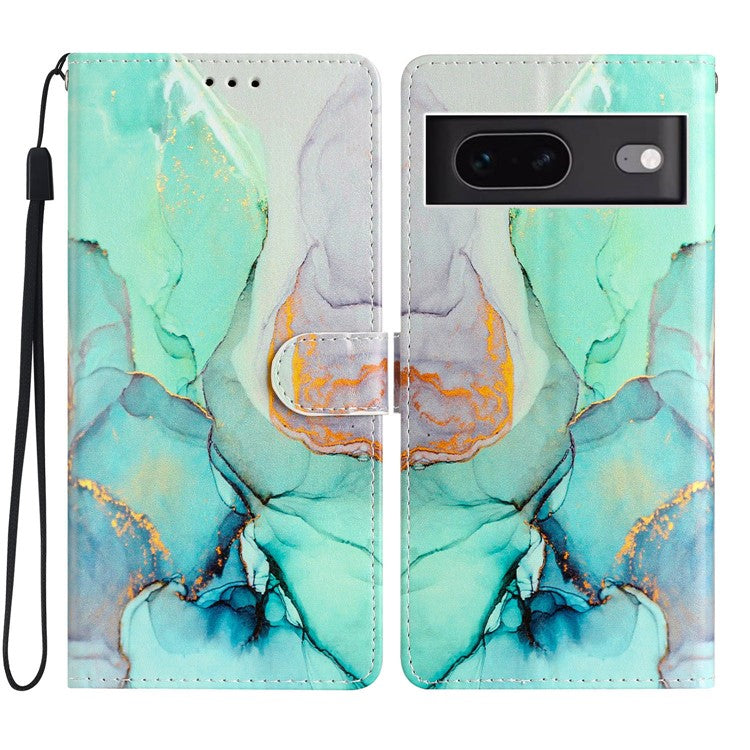 For Google Pixel 7 5G PU Leather Pattern Printing Phone Case Wallet Stand Flip Folio Cover - Green Marble