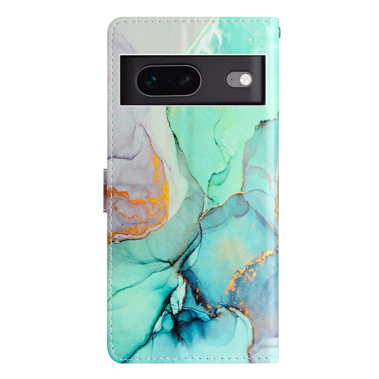 For Google Pixel 7 5G PU Leather Pattern Printing Phone Case Wallet Stand Flip Folio Cover - Green Marble