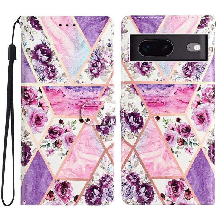 For Google Pixel 7 5G PU Leather Pattern Printing Phone Case Wallet Stand Flip Folio Cover - Purple Flowers