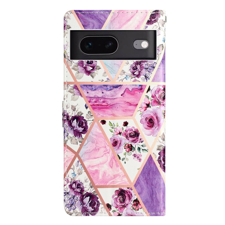 For Google Pixel 7 5G PU Leather Pattern Printing Phone Case Wallet Stand Flip Folio Cover - Purple Flowers