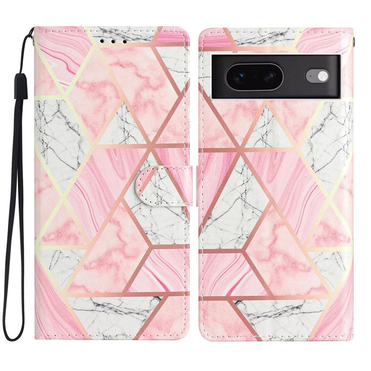 For Google Pixel 7 5G PU Leather Pattern Printing Phone Case Wallet Stand Flip Folio Cover - Pink Marble