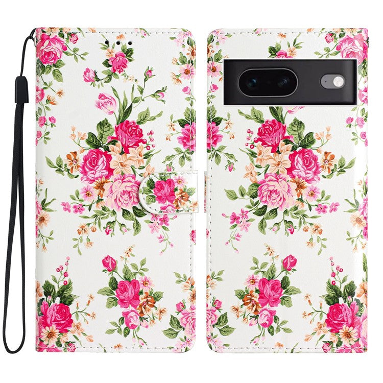 For Google Pixel 7 5G PU Leather Pattern Printing Phone Case Wallet Stand Flip Folio Cover - Red Flowers