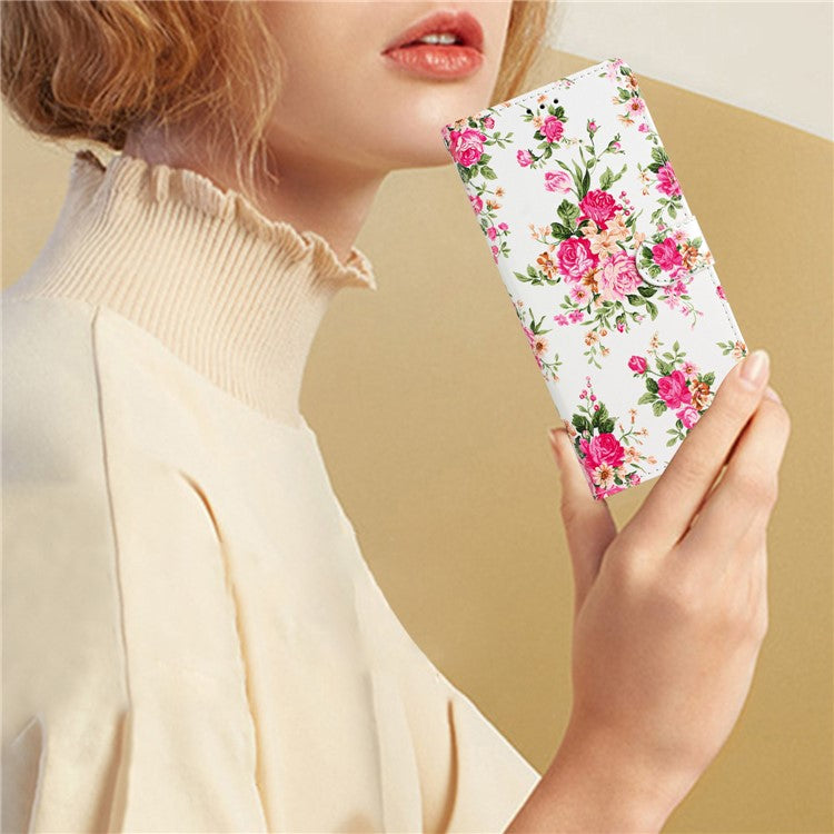 For Google Pixel 7 5G PU Leather Pattern Printing Phone Case Wallet Stand Flip Folio Cover - Red Flowers