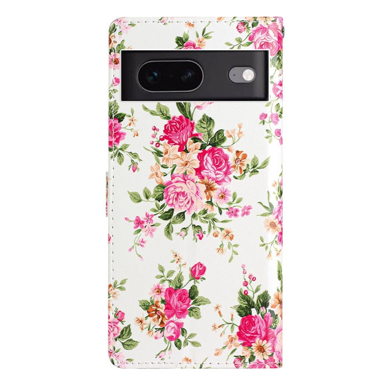 For Google Pixel 7 5G PU Leather Pattern Printing Phone Case Wallet Stand Flip Folio Cover - Red Flowers