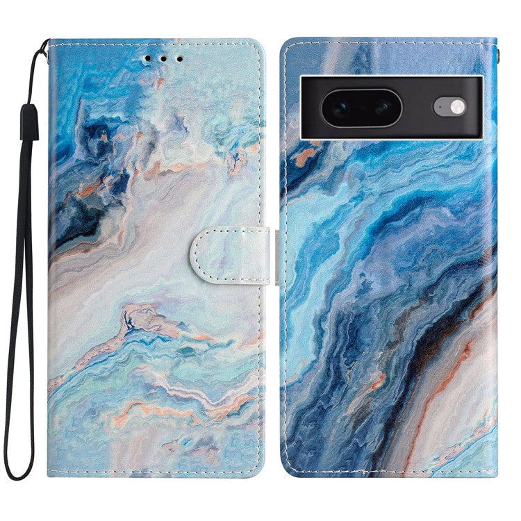 For Google Pixel 7 5G PU Leather Pattern Printing Phone Case Wallet Stand Flip Folio Cover - Blue Marble