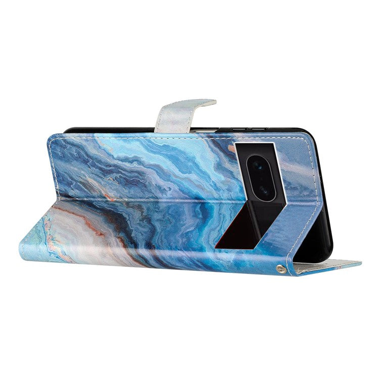 For Google Pixel 7 5G PU Leather Pattern Printing Phone Case Wallet Stand Flip Folio Cover - Blue Marble