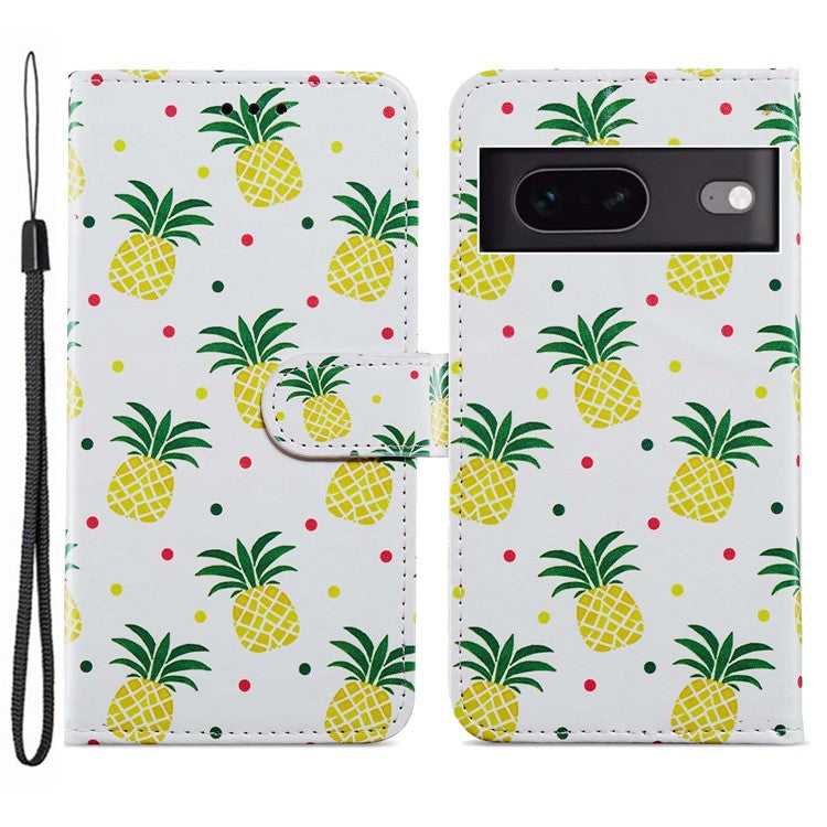 For Google Pixel 7 5G PU Leather Pattern Printing Phone Case Wallet Stand Flip Folio Cover - Pineapple