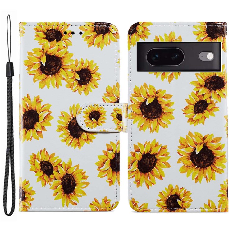 For Google Pixel 7 5G PU Leather Pattern Printing Phone Case Wallet Stand Flip Folio Cover - Sunflower