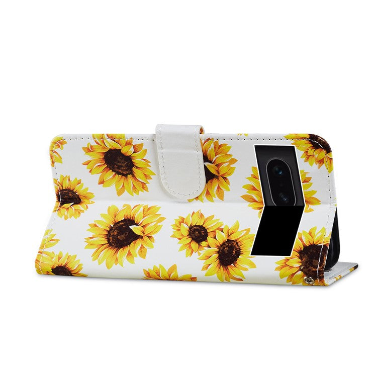 For Google Pixel 7 5G PU Leather Pattern Printing Phone Case Wallet Stand Flip Folio Cover - Sunflower