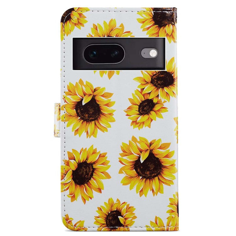 For Google Pixel 7 5G PU Leather Pattern Printing Phone Case Wallet Stand Flip Folio Cover - Sunflower