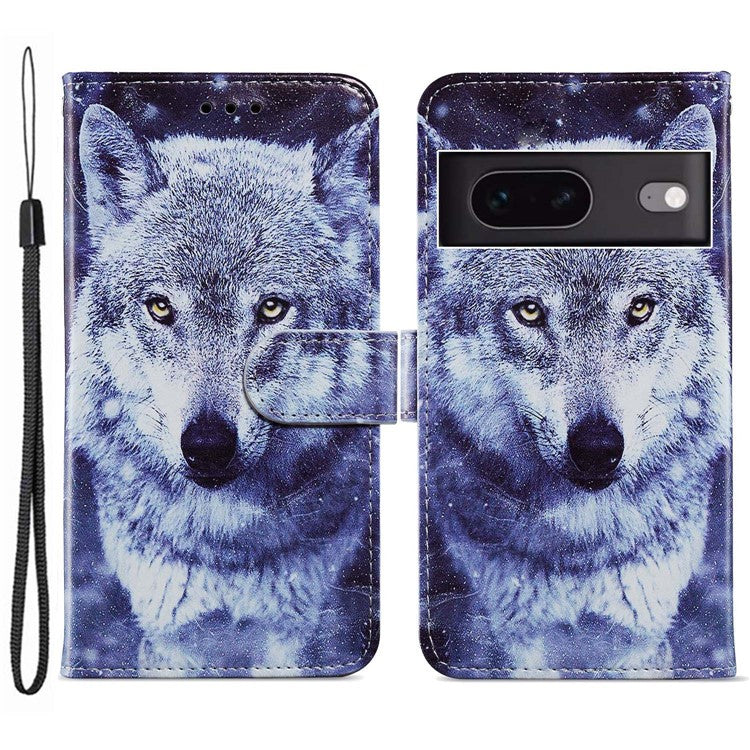 For Google Pixel 7 5G PU Leather Pattern Printing Phone Case Wallet Stand Flip Folio Cover - Wolf